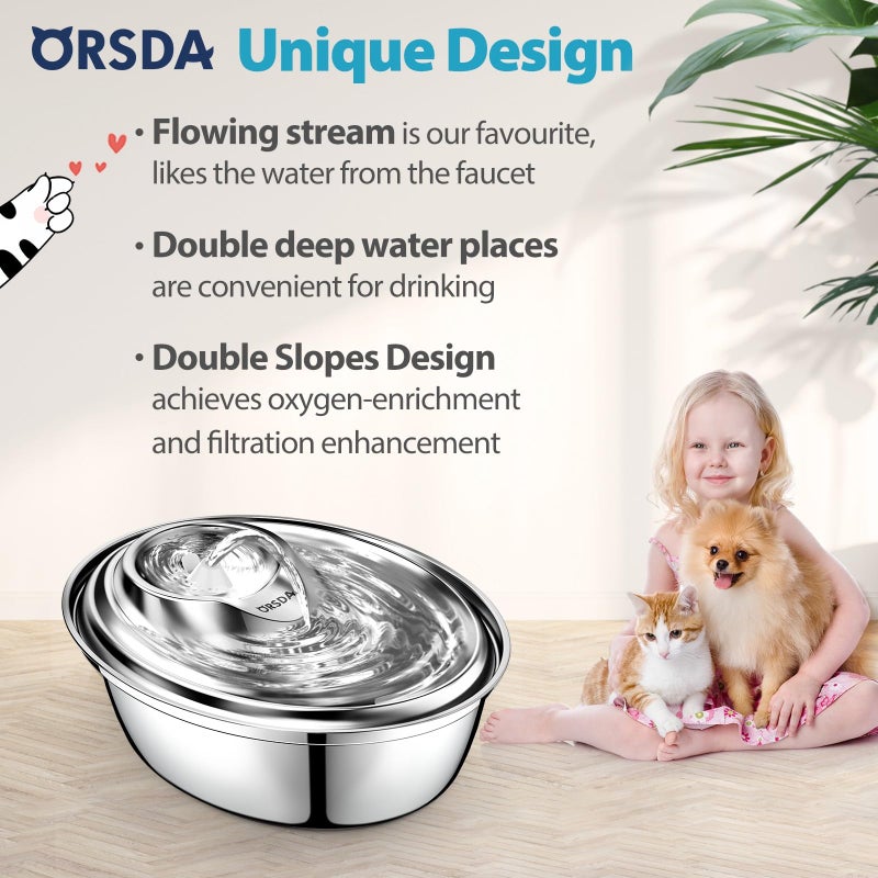 ORSDA Cat Water Fountain Stainless Steel, 2L Pet Fountain for Cats Inside, Dog Water Dispenser, Automatic Cat Drinking Fountains with 6 Replacement Filters for Cats, Small Dogs - Image 2